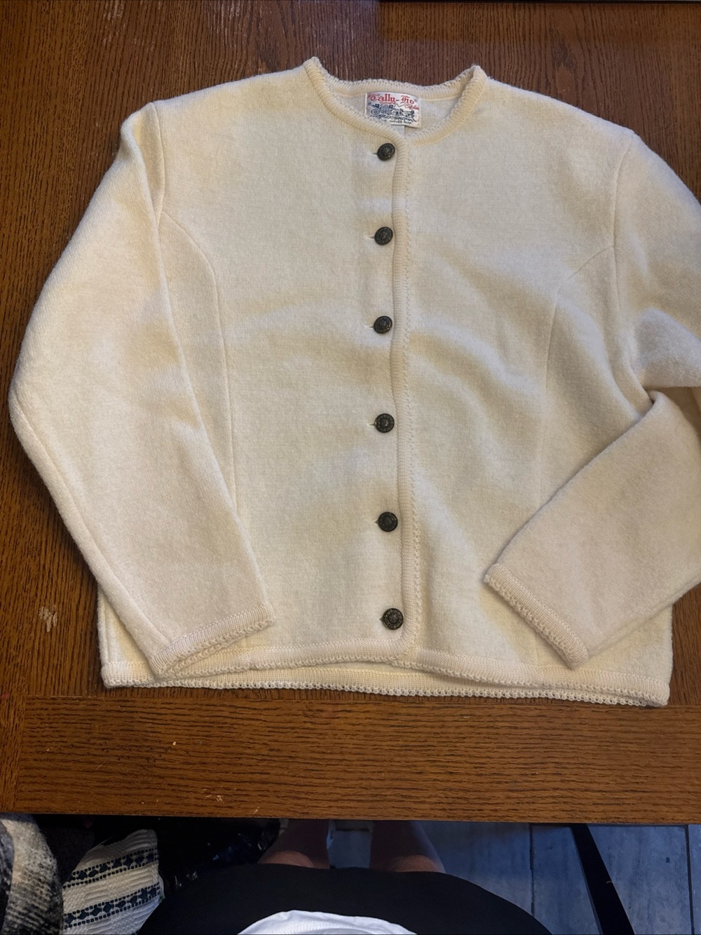 Vintage TALLY-HO Creations Pollack 100% Wool Cream Cardigan Jacket Size Medium